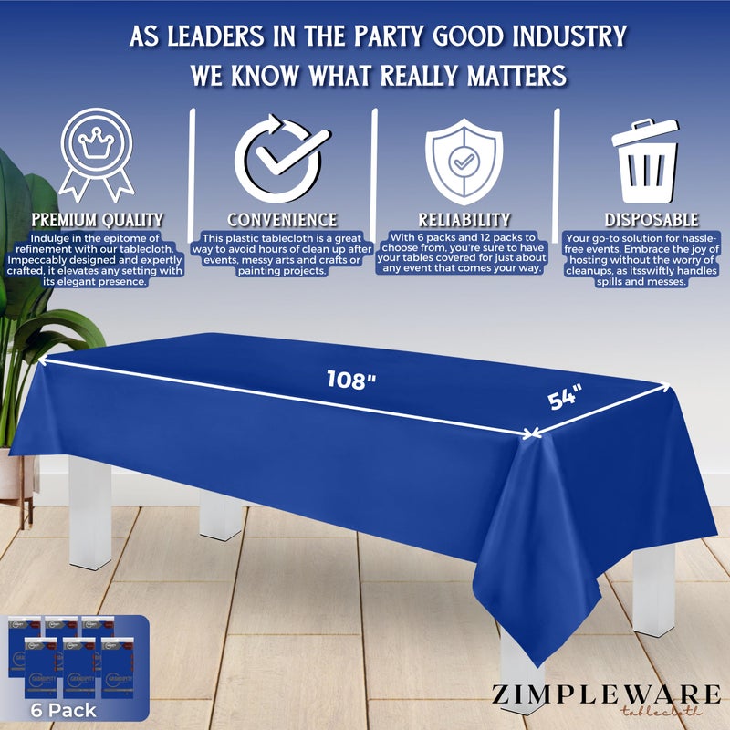 ZIMPLEWARE Premium Blue Plastic Table Cloth Disposable (6 Pk) Plastic Tablecloths for Rectangle Tables (54in x 108in) Party Table Cloths Disposable for 6ft to 8ft Rectangle Tables - Image 3